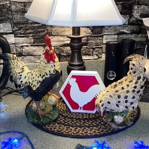Set of 2 Decorative Rooster Figurines with Red rooster Sign